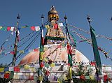Manaslu 00 08 Kathmandu Boudhanath Kathmandu�s 36m-high Boudhanath Stupa is the largest stupa in Nepal, and one of the largest in the world. It is a religious centre for Nepal's considerable population of Tibetans. It supposedly dates from 5C AD. With three square tiers surrounding the central circle of the dome, Boudhanath is built in the form of a mandala, a symbol of the universe that is often used in Buddhist meditations.